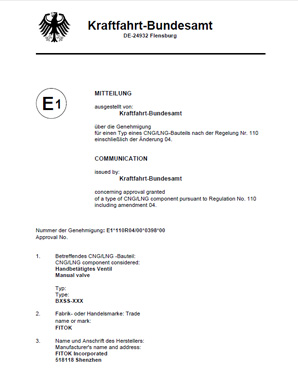 欧盟ECE-R110天然气车辆认证FITOK球阀